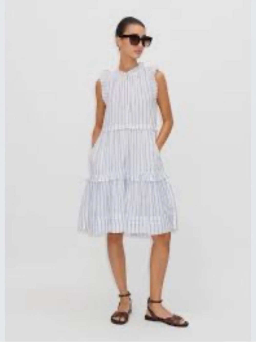 ME+EM White and Blue Striped Sleeveless Tiered Mini Dress